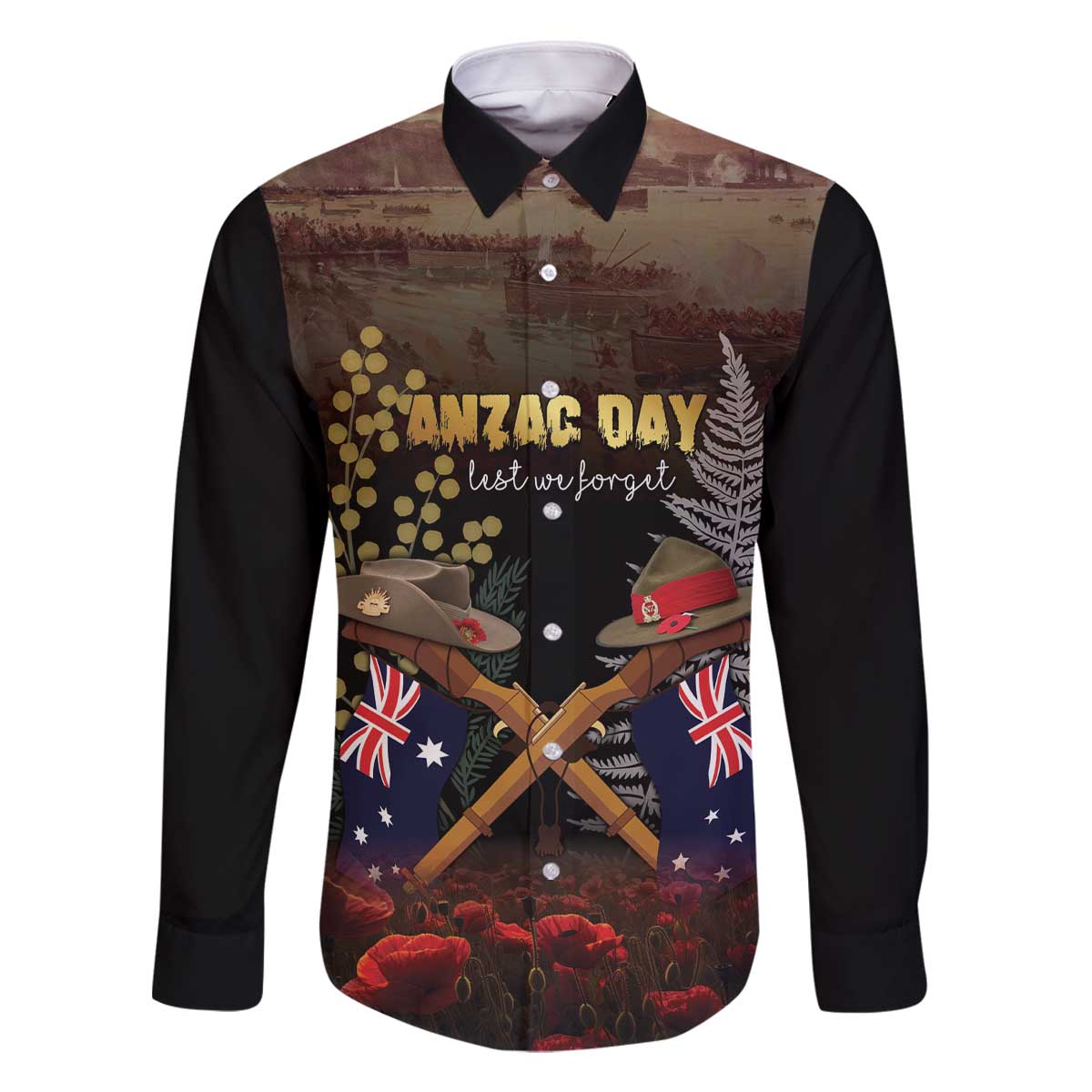 Australia - New Zealand ANZAC Family Matching Off The Shoulder Long Sleeve Dress and Hawaiian Shirt Gallipoli ANZAC Cove Landing
