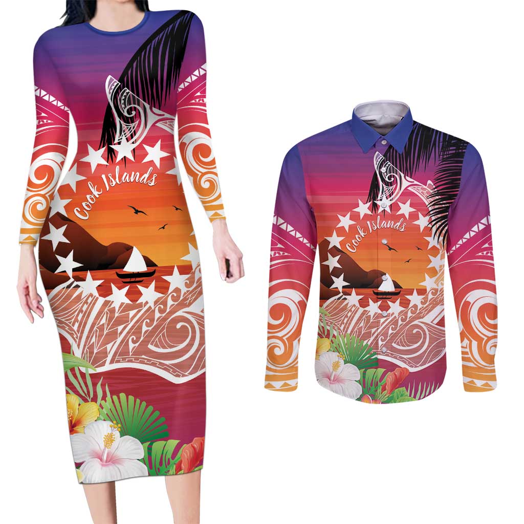 Kia Orana Cook Islands Couples Matching Long Sleeve Bodycon Dress and Long Sleeve Button Shirt Sunset Dream