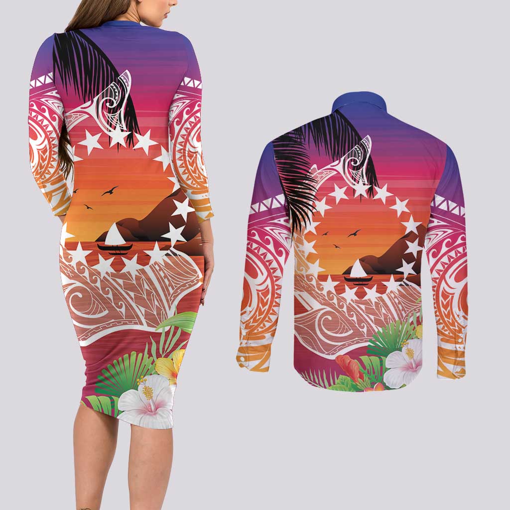 Kia Orana Cook Islands Couples Matching Long Sleeve Bodycon Dress and Long Sleeve Button Shirt Sunset Dream