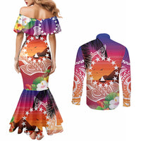 Kia Orana Cook Islands Couples Matching Mermaid Dress and Long Sleeve Button Shirt Sunset Dream