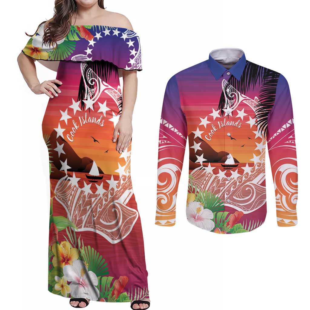 Kia Orana Cook Islands Couples Matching Off Shoulder Maxi Dress and Long Sleeve Button Shirt Sunset Dream
