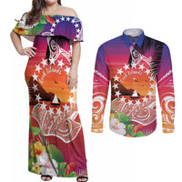 Kia Orana Cook Islands Couples Matching Off Shoulder Maxi Dress and Long Sleeve Button Shirt Sunset Dream