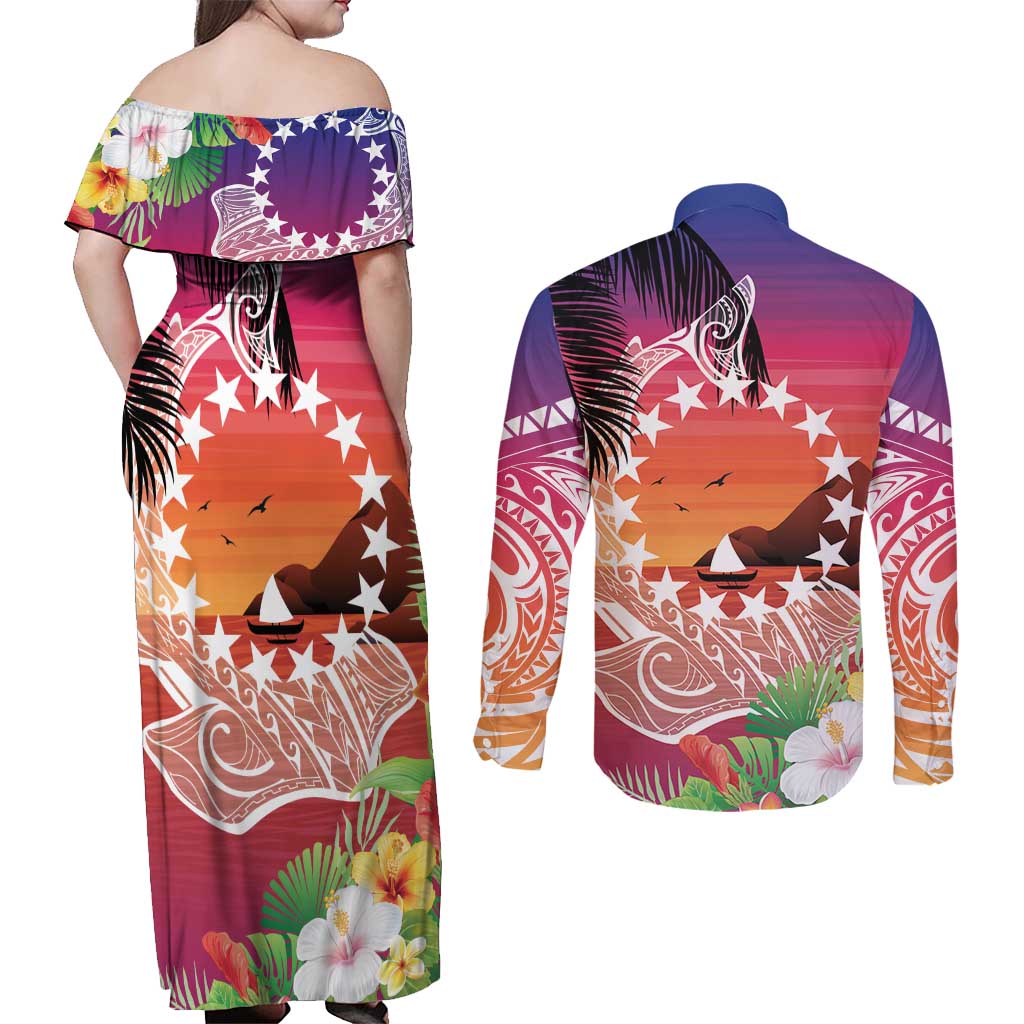Kia Orana Cook Islands Couples Matching Off Shoulder Maxi Dress and Long Sleeve Button Shirt Sunset Dream