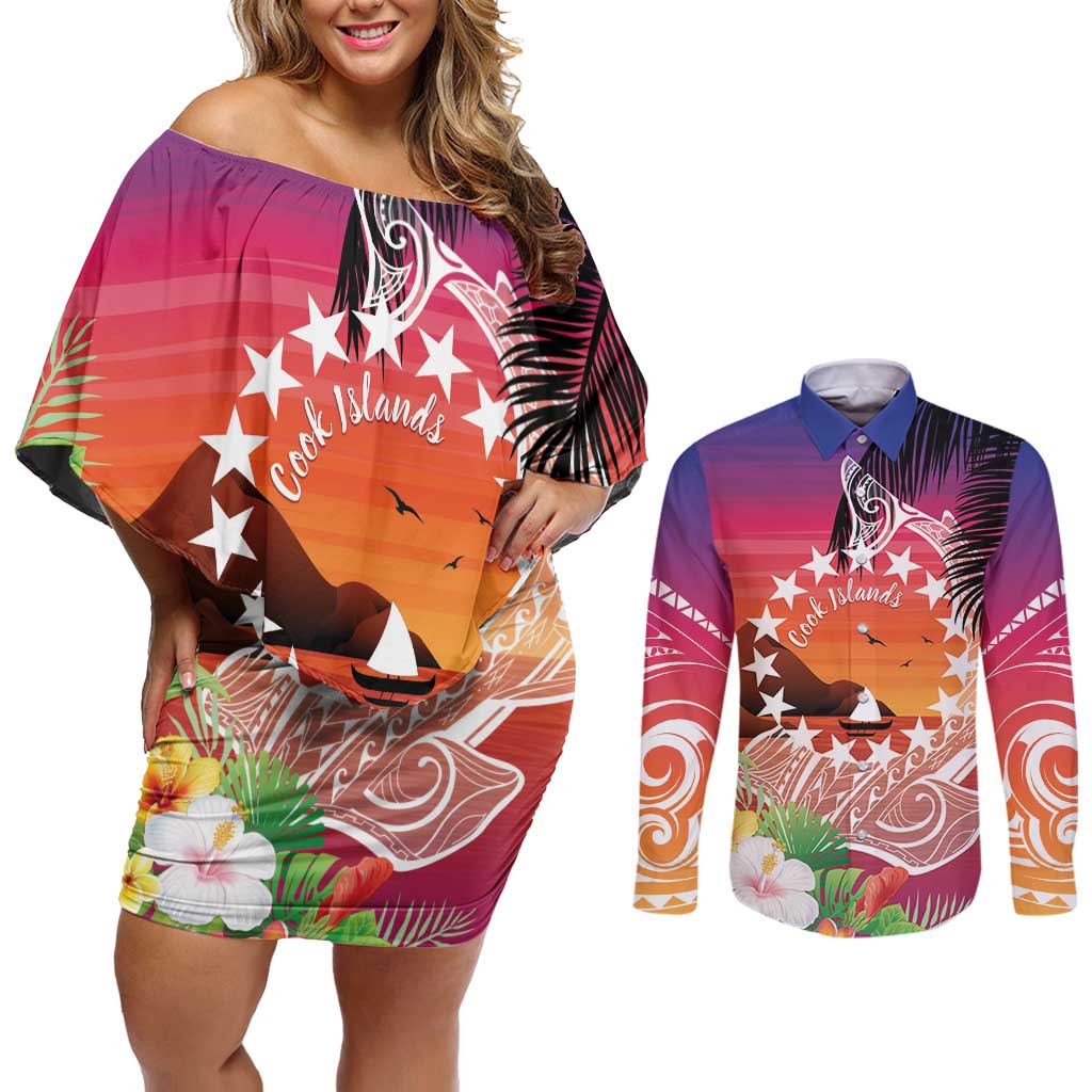 Kia Orana Cook Islands Couples Matching Off Shoulder Short Dress and Long Sleeve Button Shirt Sunset Dream