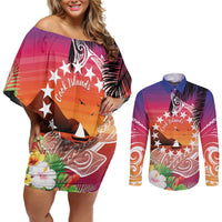 Kia Orana Cook Islands Couples Matching Off Shoulder Short Dress and Long Sleeve Button Shirt Sunset Dream