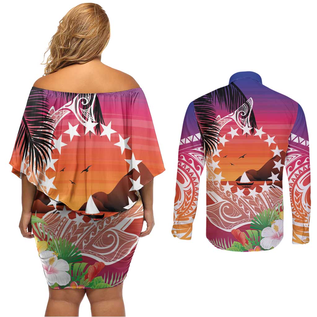 Kia Orana Cook Islands Couples Matching Off Shoulder Short Dress and Long Sleeve Button Shirt Sunset Dream