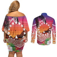 Kia Orana Cook Islands Couples Matching Off Shoulder Short Dress and Long Sleeve Button Shirt Sunset Dream