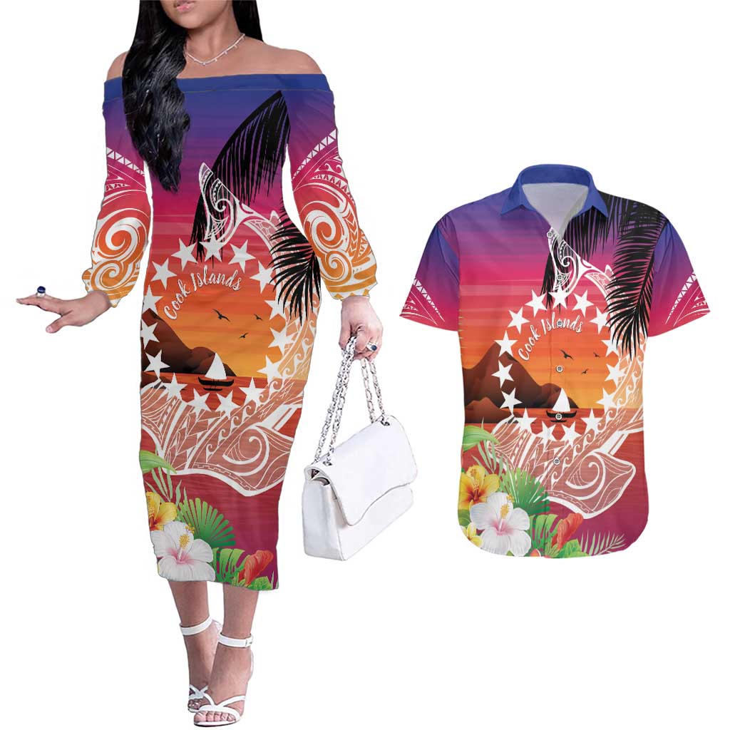 Kia Orana Cook Islands Couples Matching Off The Shoulder Long Sleeve Dress and Hawaiian Shirt Sunset Dream