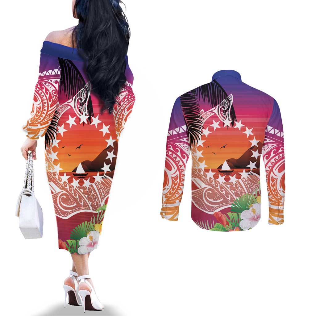 Kia Orana Cook Islands Couples Matching Off The Shoulder Long Sleeve Dress and Long Sleeve Button Shirt Sunset Dream