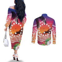 Kia Orana Cook Islands Couples Matching Off The Shoulder Long Sleeve Dress and Long Sleeve Button Shirt Sunset Dream