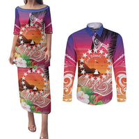 Kia Orana Cook Islands Couples Matching Puletasi and Long Sleeve Button Shirt Sunset Dream