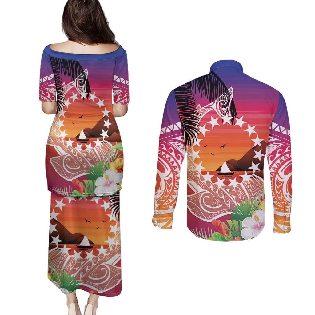 Kia Orana Cook Islands Couples Matching Puletasi and Long Sleeve Button Shirt Sunset Dream