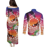 Kia Orana Cook Islands Couples Matching Puletasi and Long Sleeve Button Shirt Sunset Dream