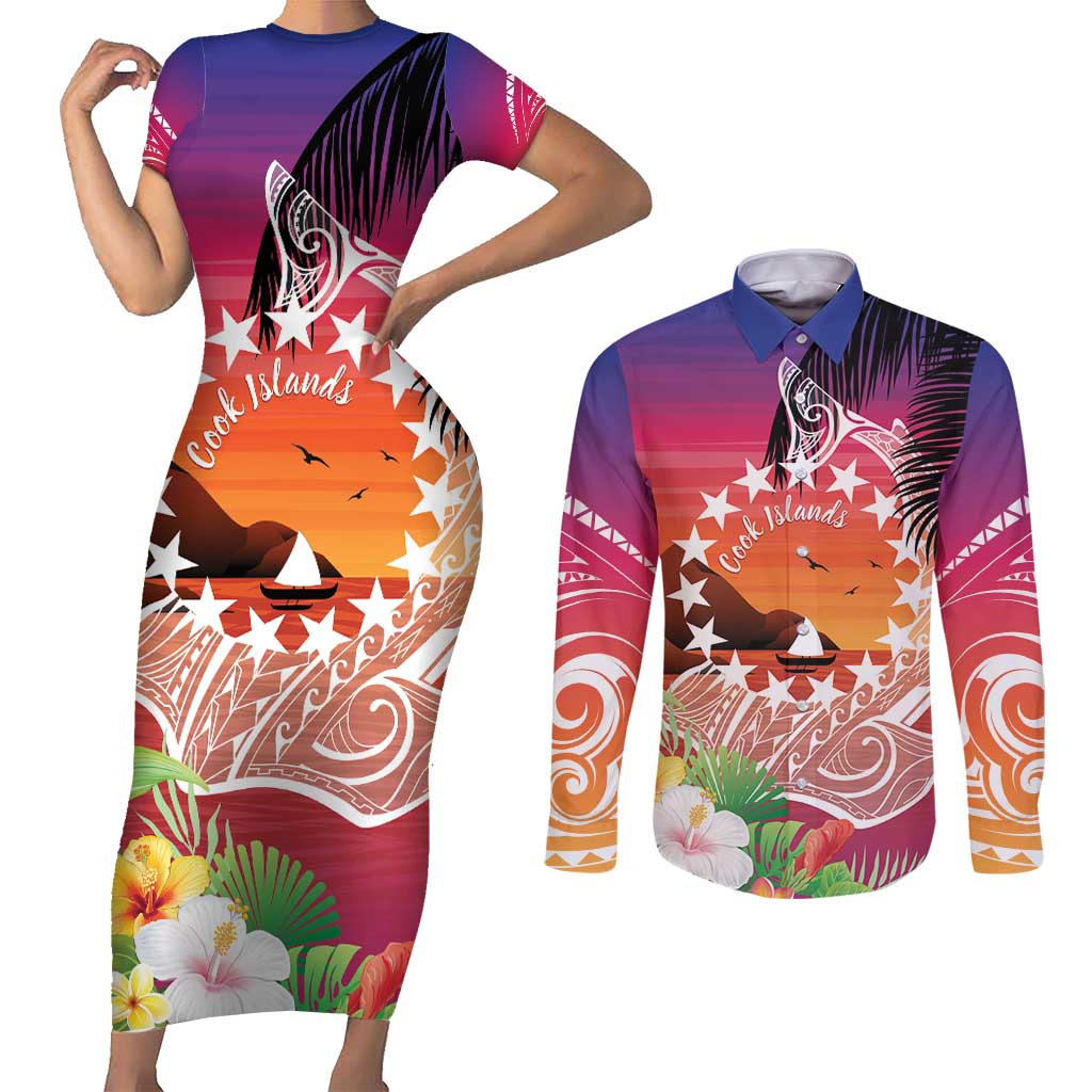 Kia Orana Cook Islands Couples Matching Short Sleeve Bodycon Dress and Long Sleeve Button Shirt Sunset Dream
