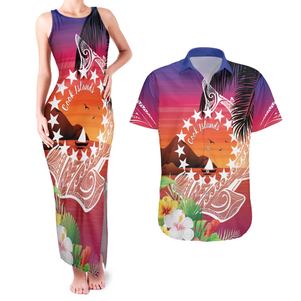 Kia Orana Cook Islands Couples Matching Tank Maxi Dress and Hawaiian Shirt Sunset Dream