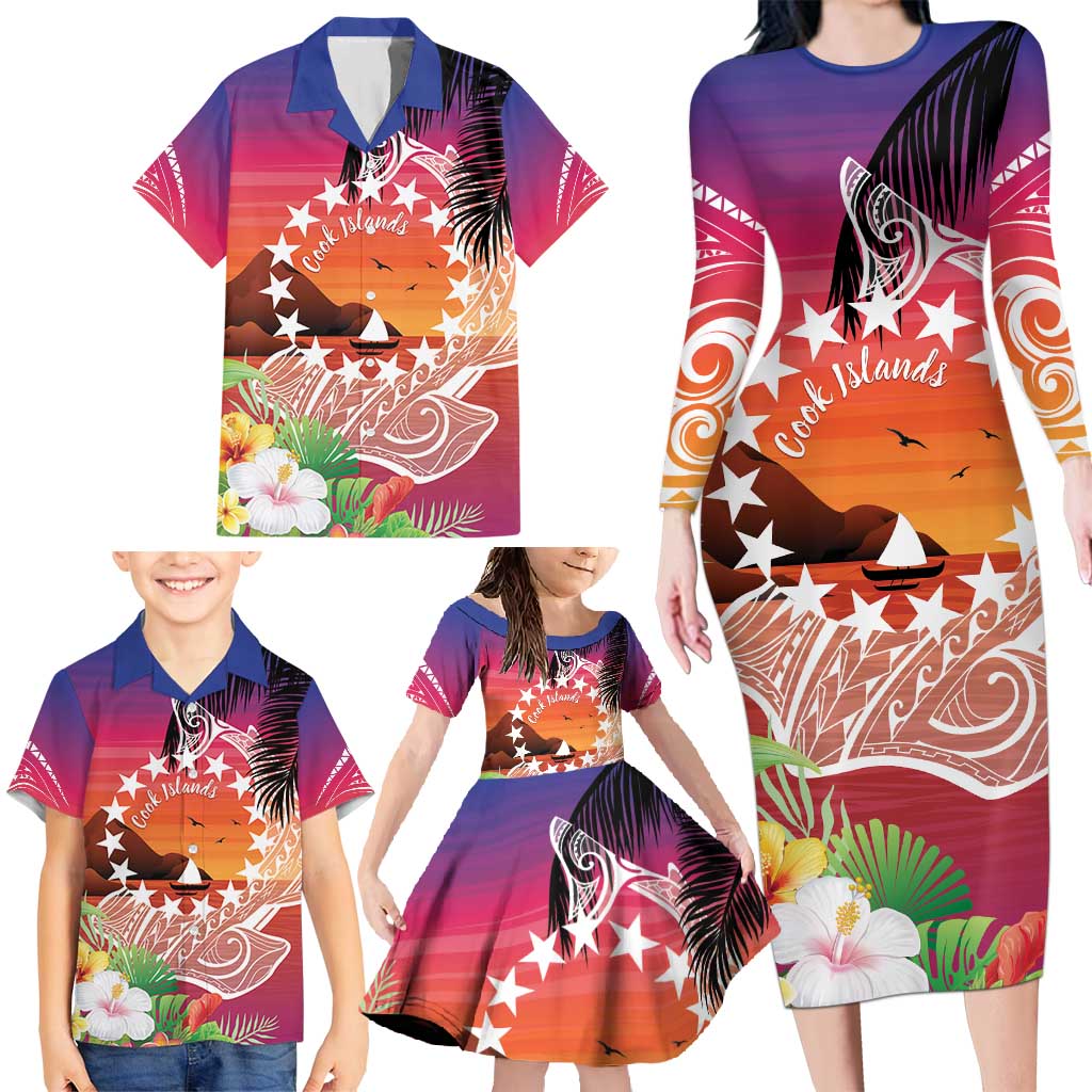 Kia Orana Cook Islands Family Matching Long Sleeve Bodycon Dress and Hawaiian Shirt Sunset Dream