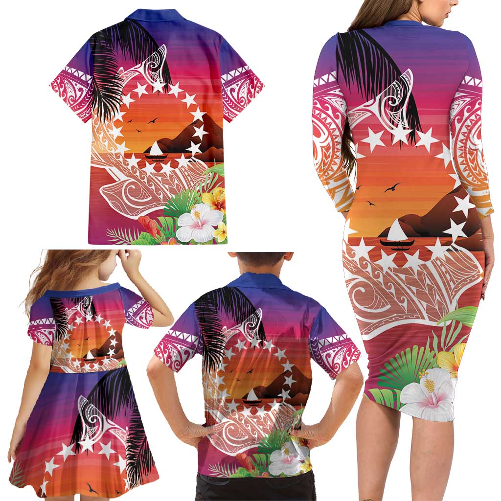 Kia Orana Cook Islands Family Matching Long Sleeve Bodycon Dress and Hawaiian Shirt Sunset Dream
