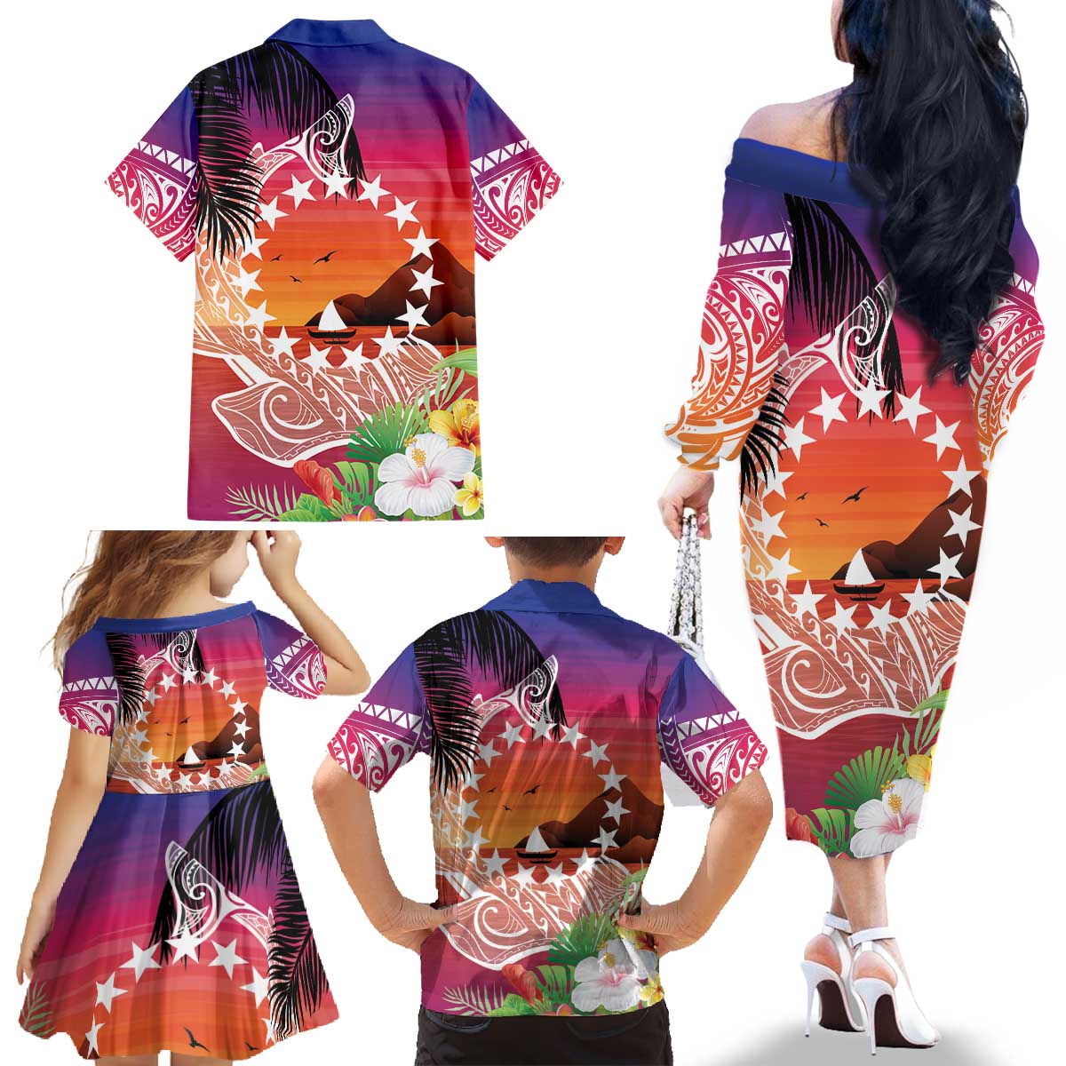 Kia Orana Cook Islands Family Matching Off The Shoulder Long Sleeve Dress and Hawaiian Shirt Sunset Dream