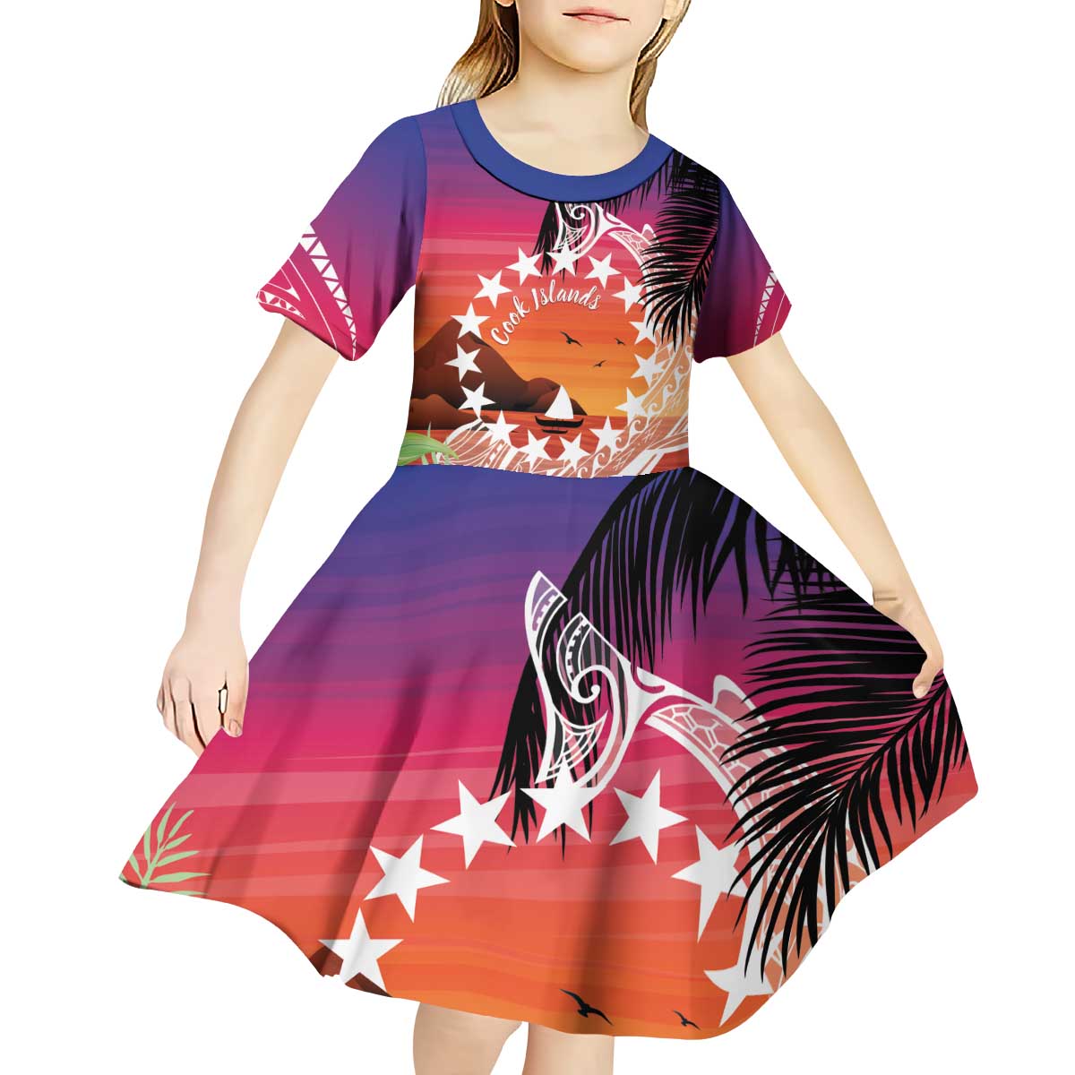 Kia Orana Cook Islands Kid Short Sleeve Dress Sunset Dream