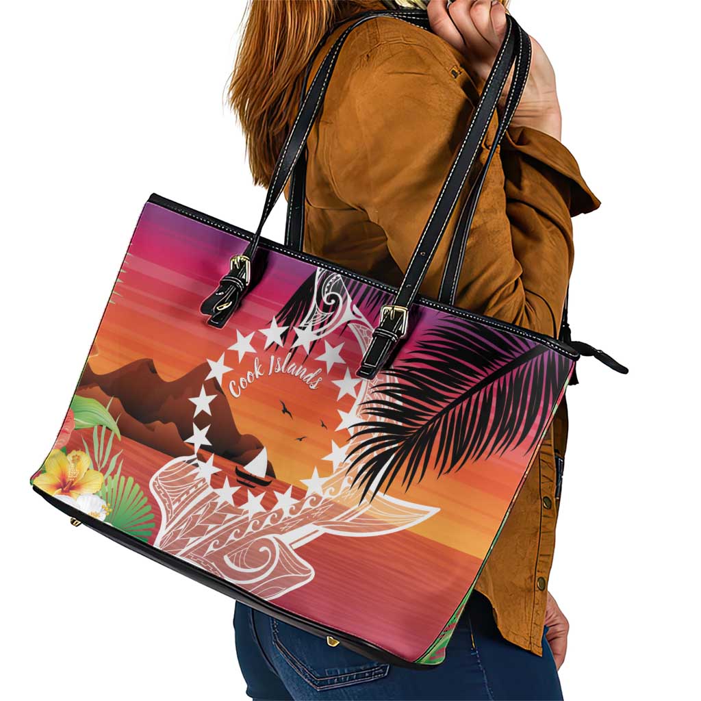 Kia Orana Cook Islands Leather Tote Bag Sunset Dream