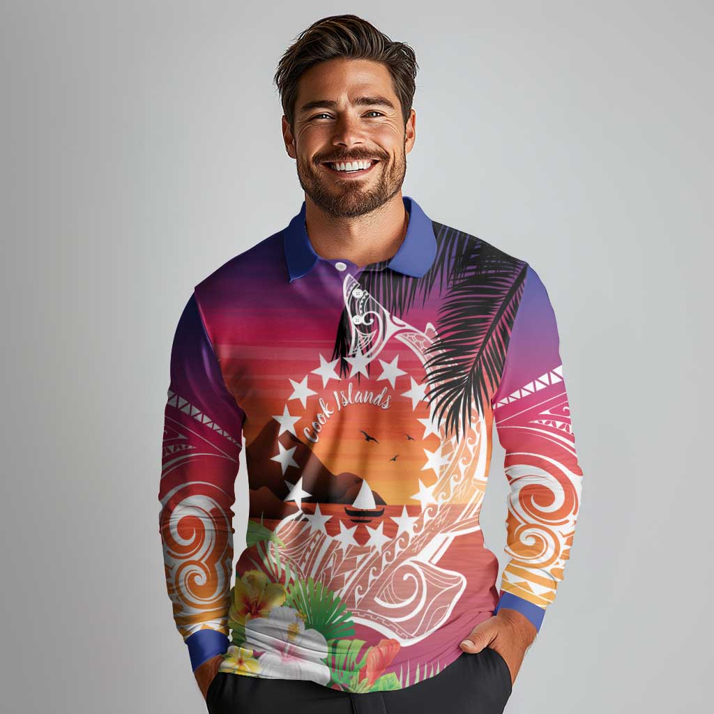 Kia Orana Cook Islands Long Sleeve Polo Shirt Sunset Dream
