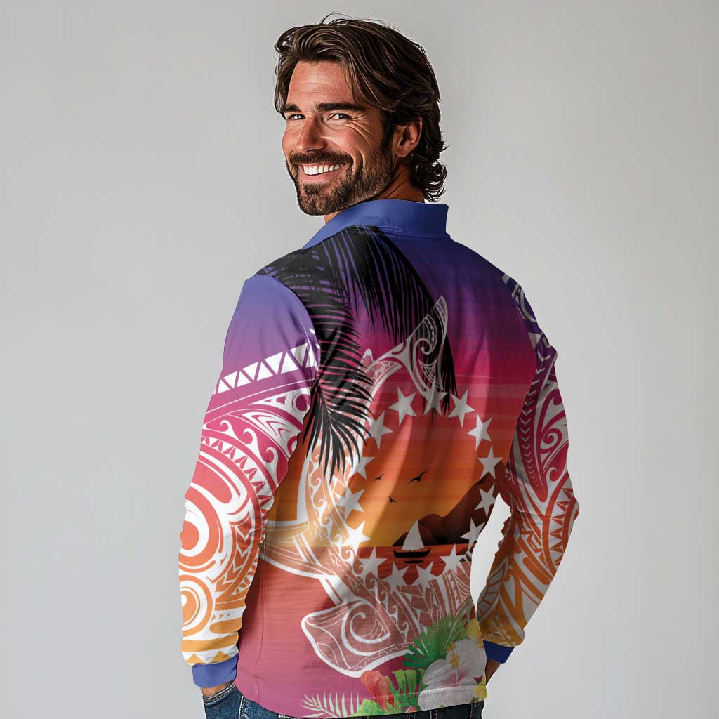 Kia Orana Cook Islands Long Sleeve Polo Shirt Sunset Dream