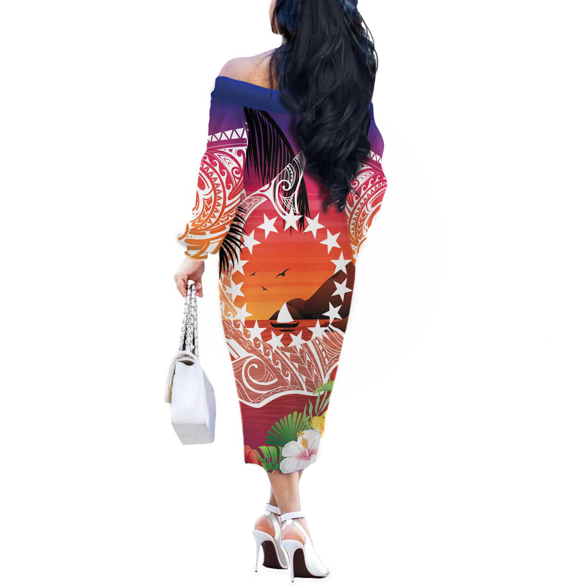 Kia Orana Cook Islands Off The Shoulder Long Sleeve Dress Sunset Dream