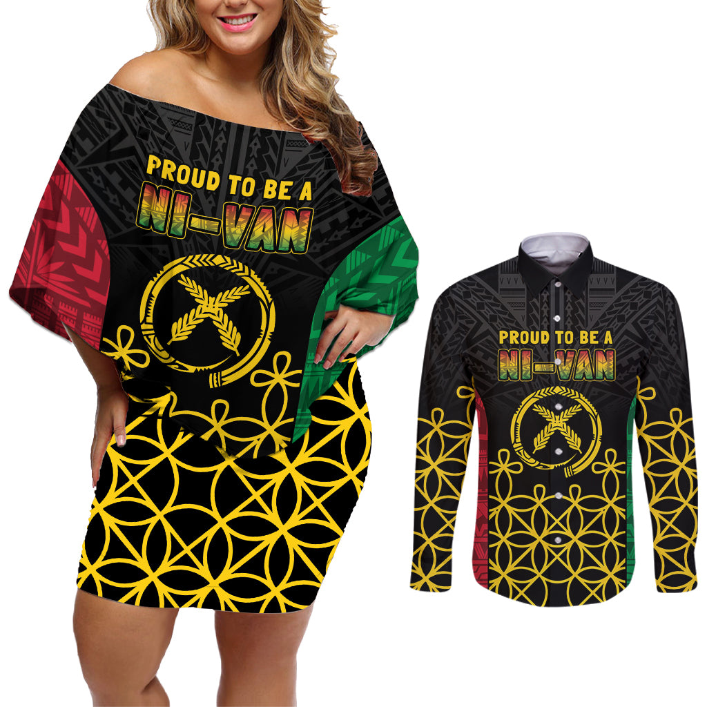 Vanuatu Indipendens Dei Couples Matching Off Shoulder Short Dress and Long Sleeve Button Shirt Tribal Sand Drawing
