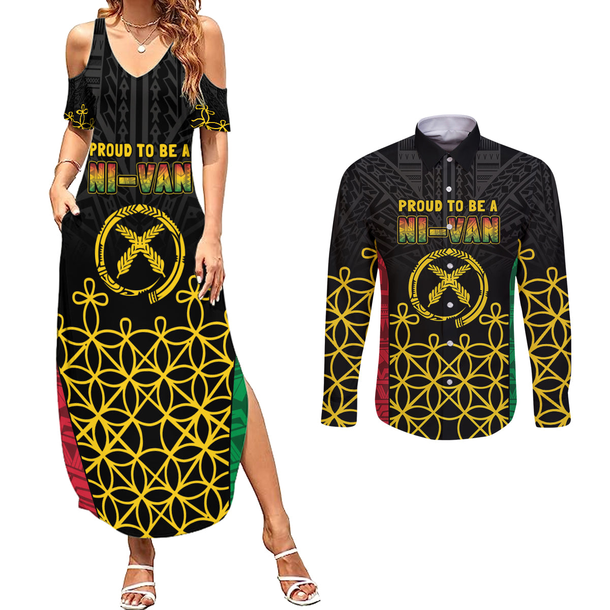 Vanuatu Indipendens Dei Couples Matching Summer Maxi Dress and Long Sleeve Button Shirt Tribal Sand Drawing