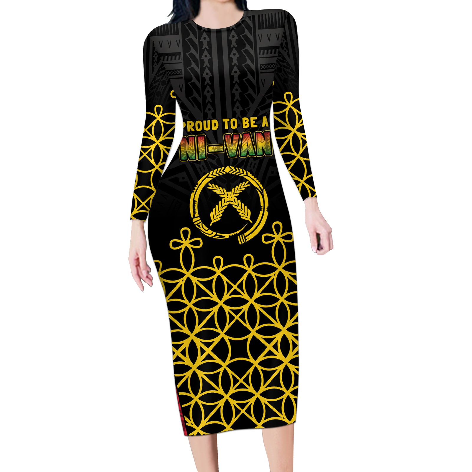 Vanuatu Indipendens Dei Long Sleeve Bodycon Dress Tribal Sand Drawing LT7 Long Dress Colorful - Polynesian Pride