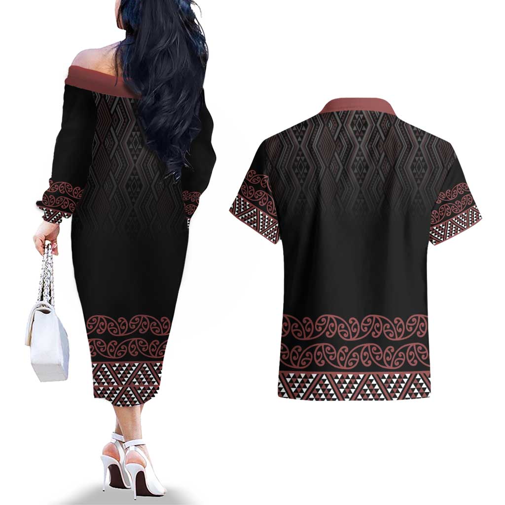 Maori Taniko Patterns Couples Matching Off The Shoulder Long Sleeve Dress and Hawaiian Shirt Brown Niho Taniwha Mix Paatiki Motifs
