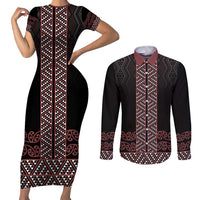 Maori Taniko Patterns Couples Matching Short Sleeve Bodycon Dress and Long Sleeve Button Shirt Brown Niho Taniwha Mix Paatiki Motifs