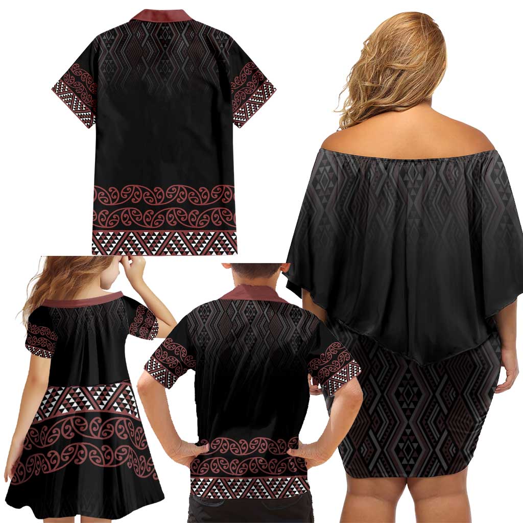 Maori Taniko Patterns Family Matching Off Shoulder Short Dress and Hawaiian Shirt Brown Niho Taniwha Mix Paatiki Motifs