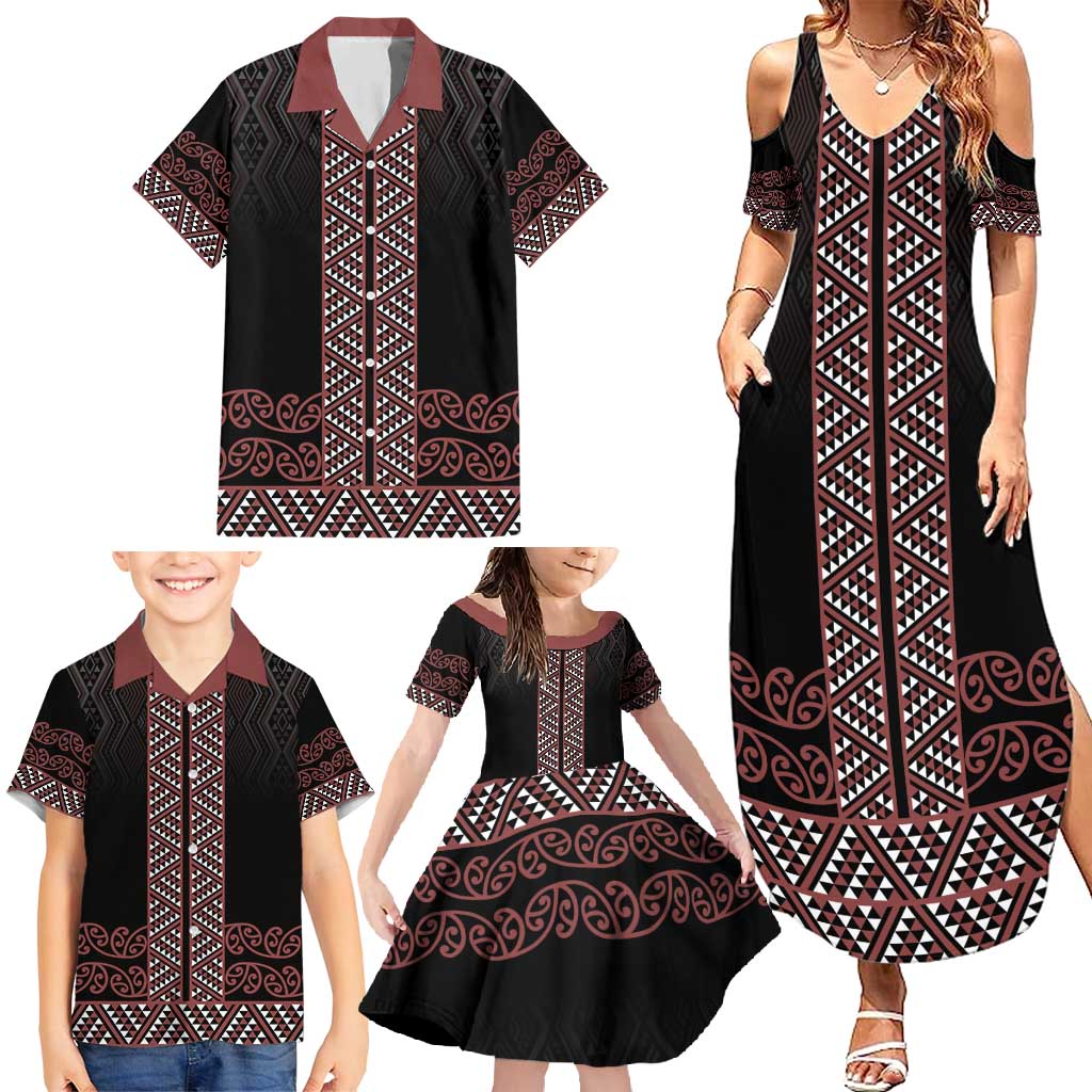 Maori Taniko Patterns Family Matching Summer Maxi Dress and Hawaiian Shirt Brown Niho Taniwha Mix Paatiki Motifs