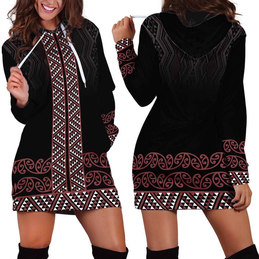 Maori Taniko Patterns Hoodie Dress Brown Niho Taniwha Mix Paatiki Motifs