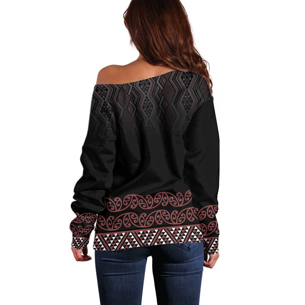Maori Taniko Patterns Off Shoulder Sweater Brown Niho Taniwha Mix Paatiki Motifs
