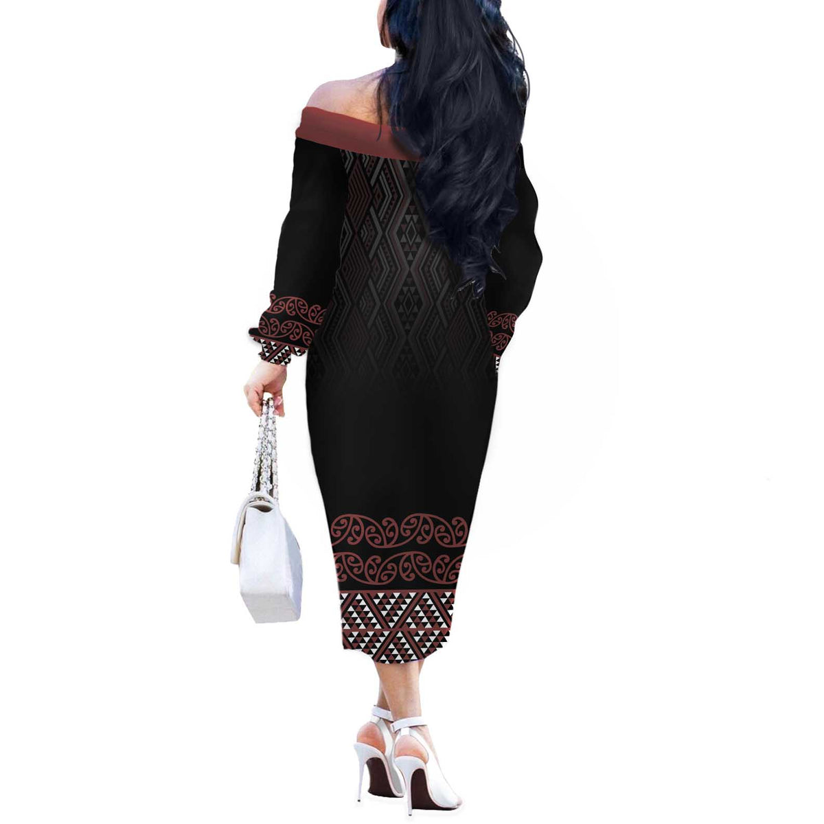 Maori Taniko Patterns Off The Shoulder Long Sleeve Dress Brown Niho Taniwha Mix Paatiki Motifs