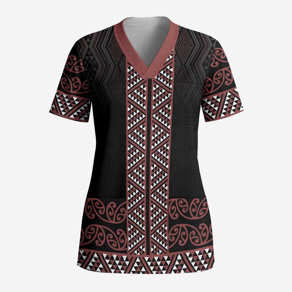 Maori Taniko Patterns Scrub Top Brown Niho Taniwha Mix Paatiki Motifs - Polynesian Pride