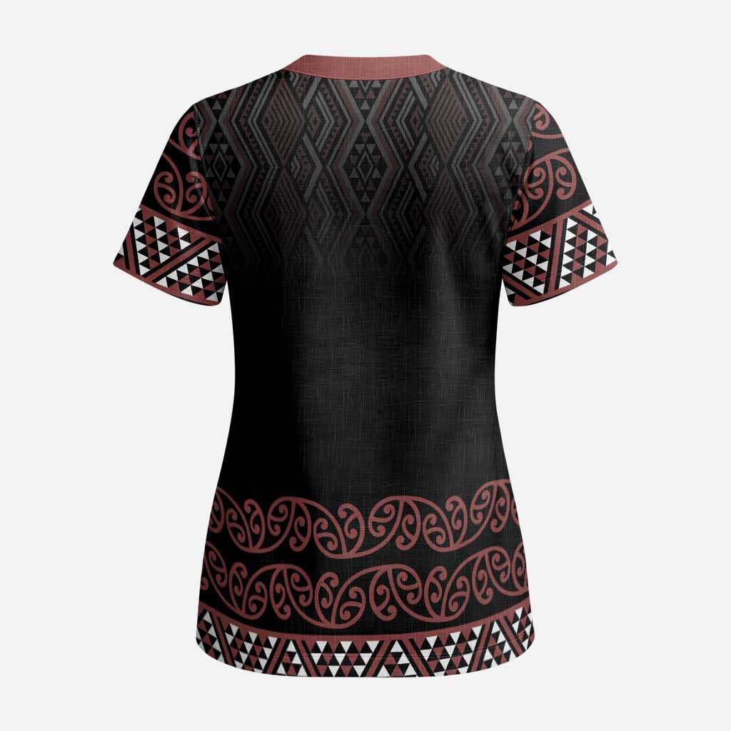 Maori Taniko Patterns Scrub Top Brown Niho Taniwha Mix Paatiki Motifs - Polynesian Pride
