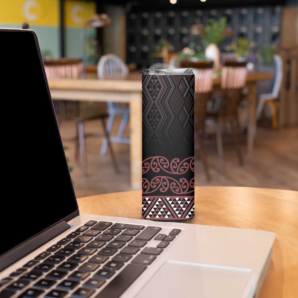 Maori Taniko Patterns Skinny Tumbler Brown Niho Taniwha Mix Paatiki Motifs LT7 - Polynesian Pride
