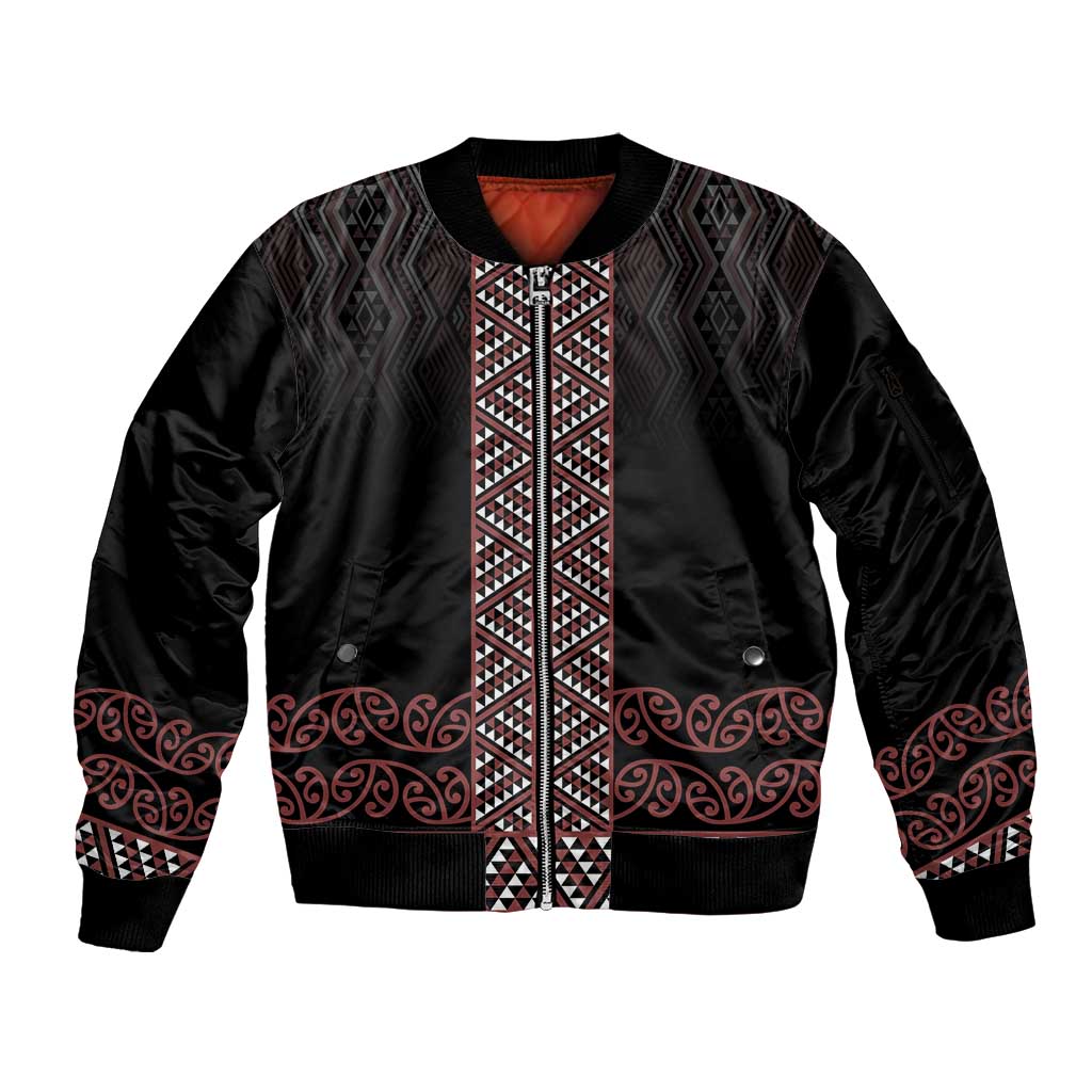 Maori Taniko Patterns Sleeve Zip Bomber Jacket Brown Niho Taniwha Mix Paatiki Motifs LT7 Unisex Brown - Polynesian Pride