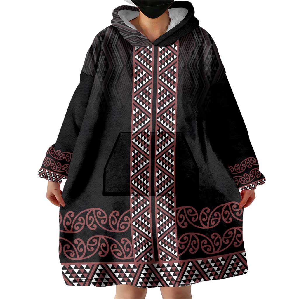 Maori Taniko Patterns Wearable Blanket Hoodie Brown Niho Taniwha Mix Paatiki Motifs