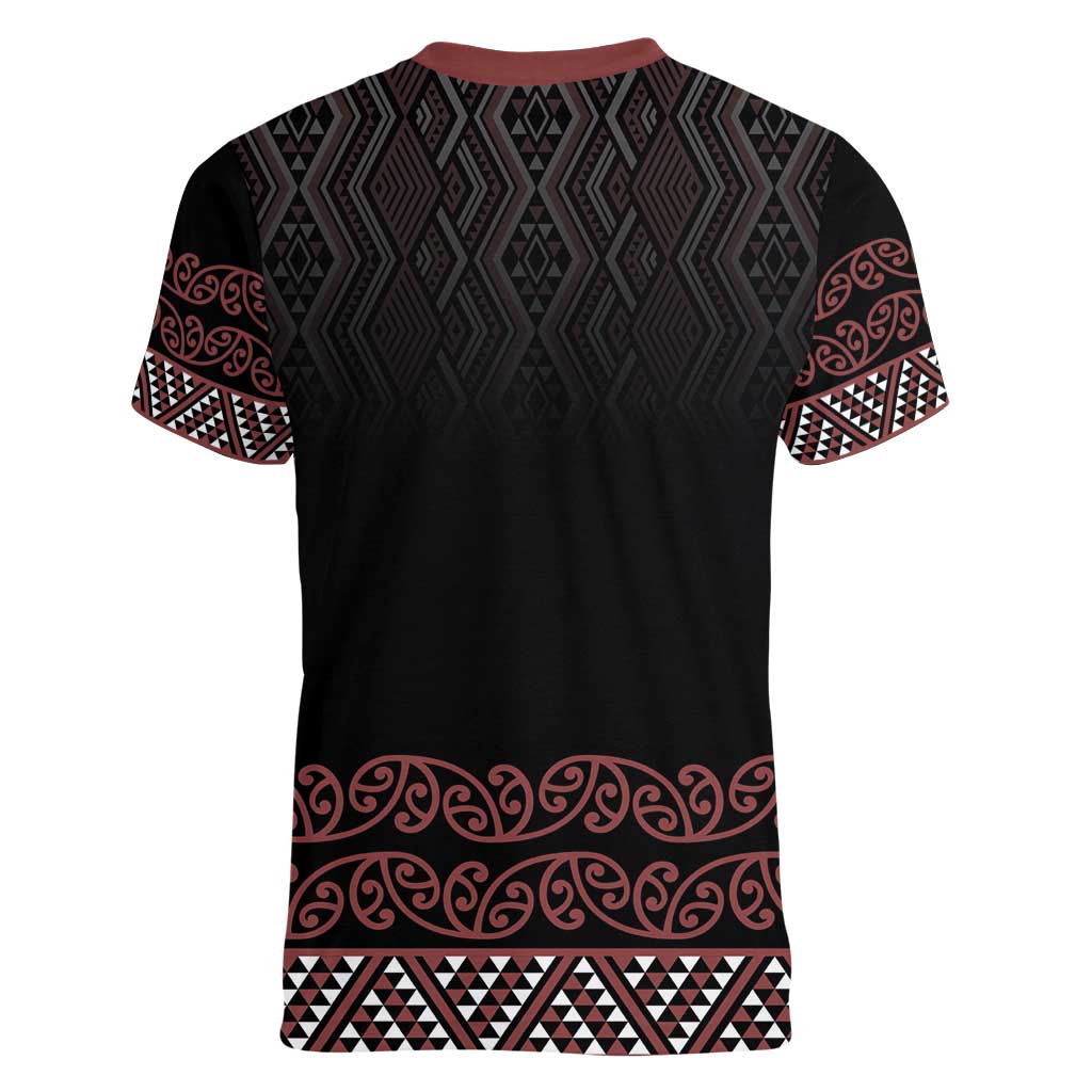 Maori Taniko Patterns Women V-Neck T-Shirt Brown Niho Taniwha Mix Paatiki Motifs