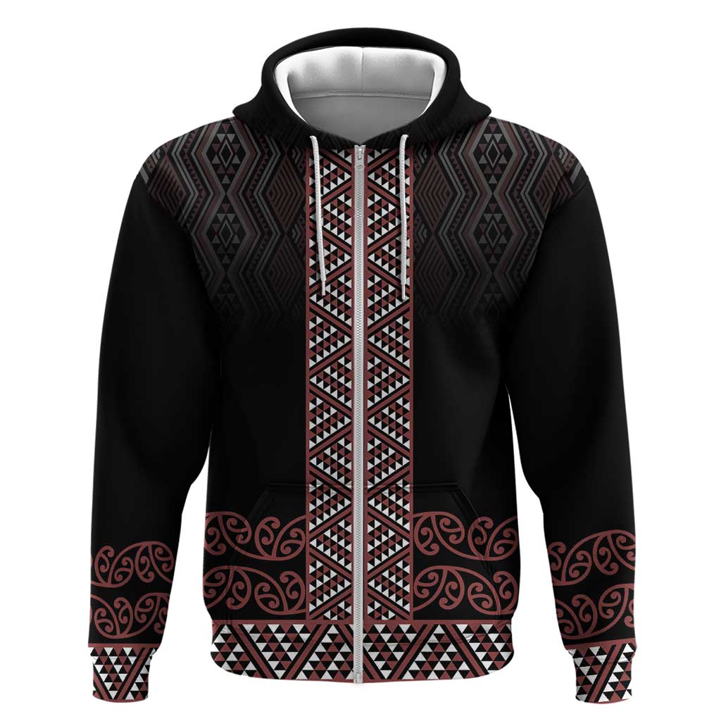 Maori Taniko Patterns Zip Hoodie Brown Niho Taniwha Mix Paatiki Motifs