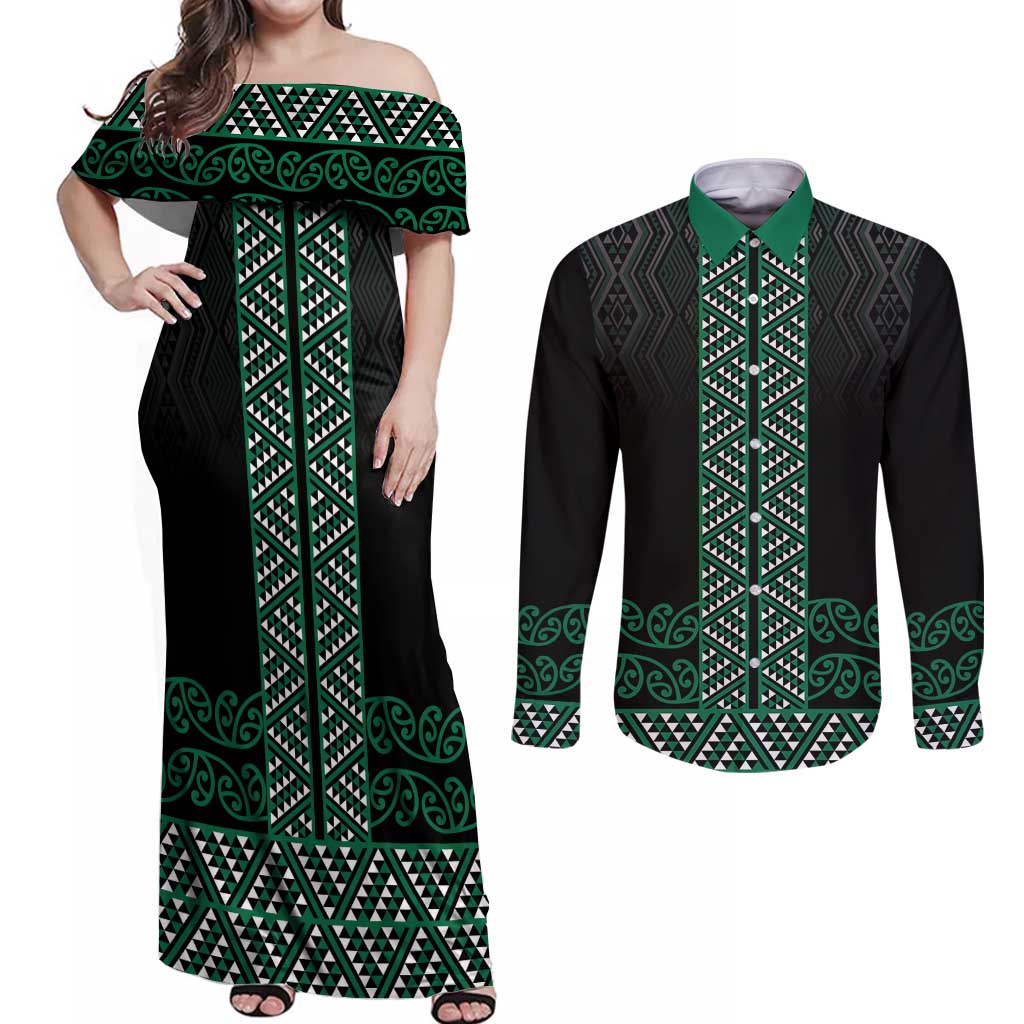 Maori Taniko Patterns Couples Matching Off Shoulder Maxi Dress and Long Sleeve Button Shirt Pounamu Niho Taniwha Mix Paatiki Motifs