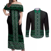 Maori Taniko Patterns Couples Matching Off Shoulder Maxi Dress and Long Sleeve Button Shirt Pounamu Niho Taniwha Mix Paatiki Motifs