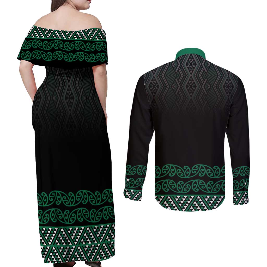 Maori Taniko Patterns Couples Matching Off Shoulder Maxi Dress and Long Sleeve Button Shirt Pounamu Niho Taniwha Mix Paatiki Motifs