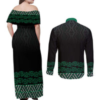 Maori Taniko Patterns Couples Matching Off Shoulder Maxi Dress and Long Sleeve Button Shirt Pounamu Niho Taniwha Mix Paatiki Motifs