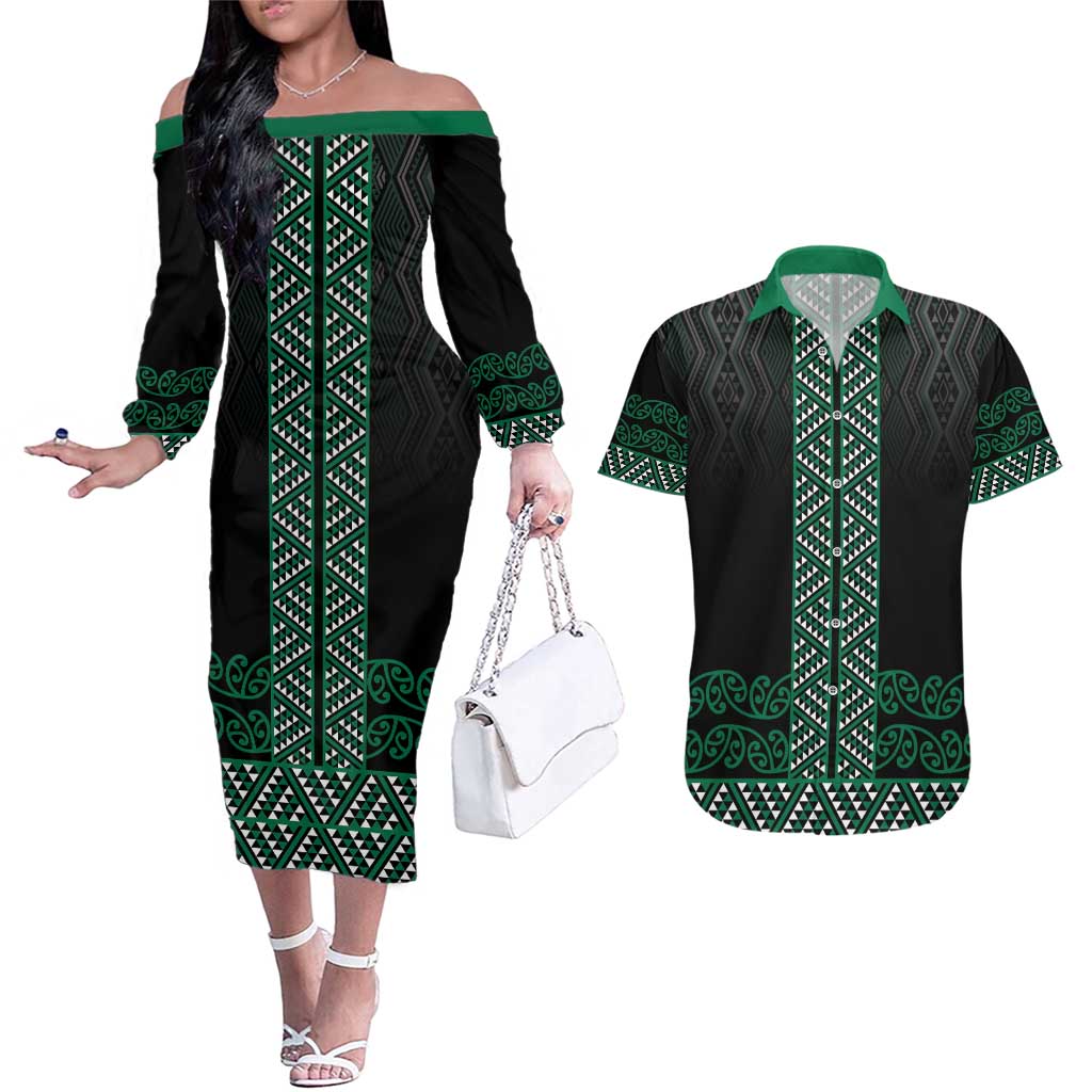 Maori Taniko Patterns Couples Matching Off The Shoulder Long Sleeve Dress and Hawaiian Shirt Pounamu Niho Taniwha Mix Paatiki Motifs