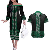 Maori Taniko Patterns Couples Matching Off The Shoulder Long Sleeve Dress and Hawaiian Shirt Pounamu Niho Taniwha Mix Paatiki Motifs